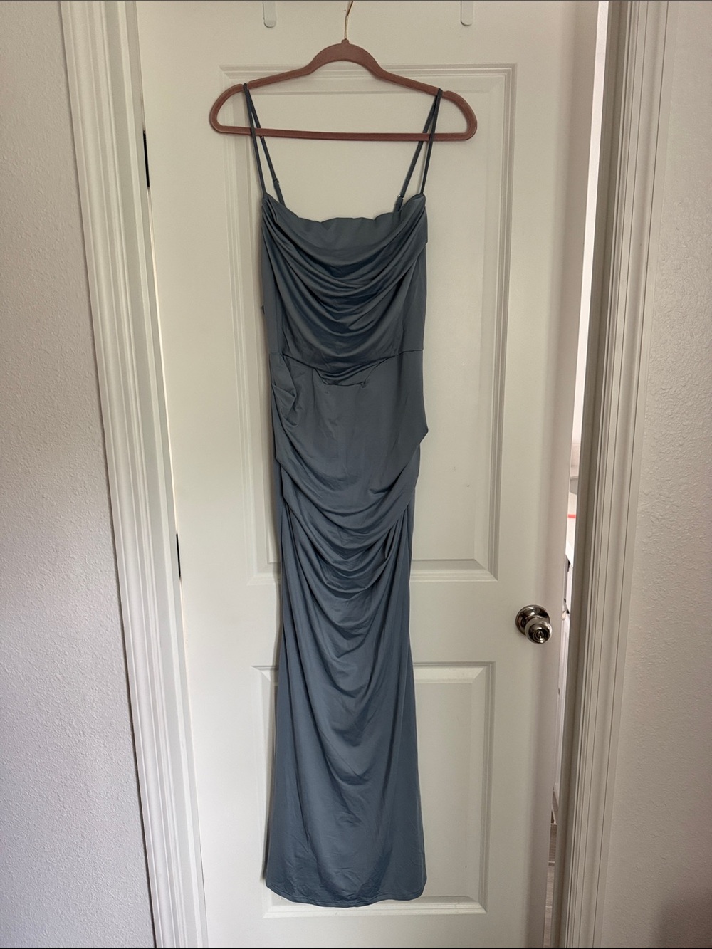 NWT Draped Slate Blue Spaghetti Strap Evening Dress
